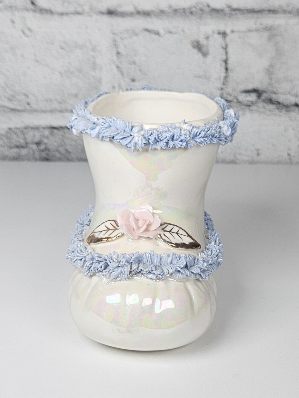 Vintage GC Japan Ceramic Baby Bootie Planter Pink Rose Blue Ruffle